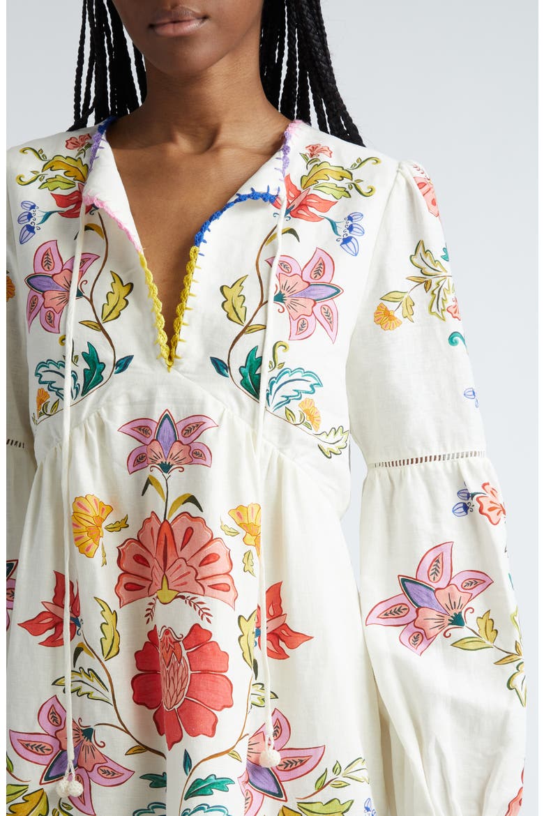 Floral Long Sleeve Linen Blend Minidress, Alternate, color, OFF-WHITE