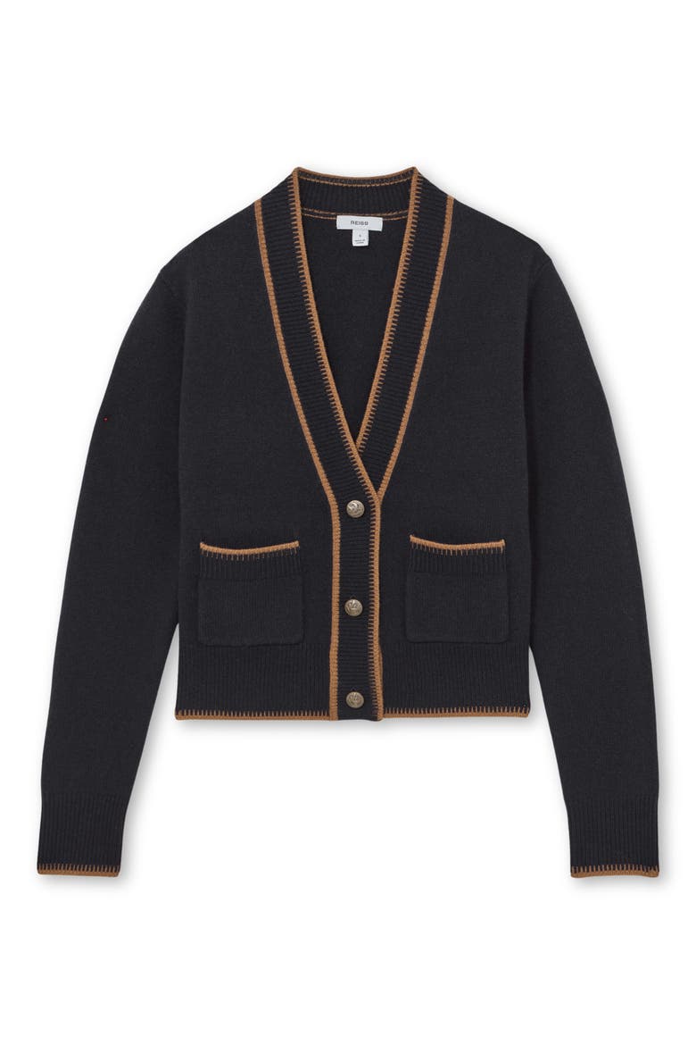 Louisa Tipped Wool & Cashmere Cardigan, Alternate, color, NAVY/ CAMEL