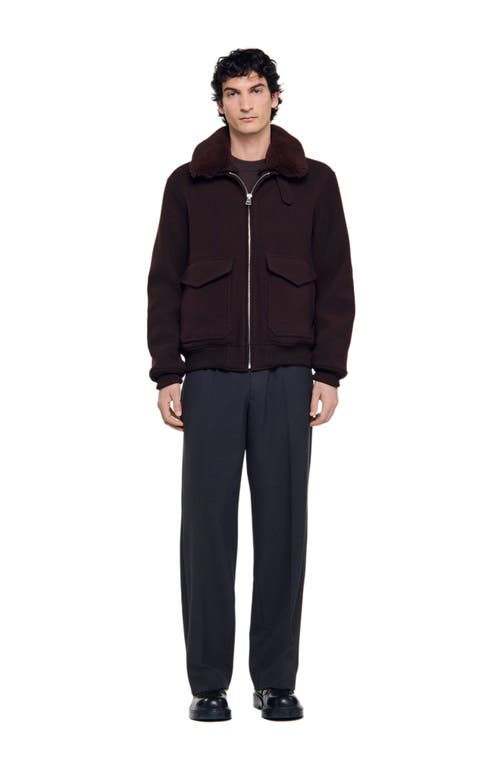 Sandro Mens Chocolate Shearling-collar Wool-blend Aviator Jacket In Brown