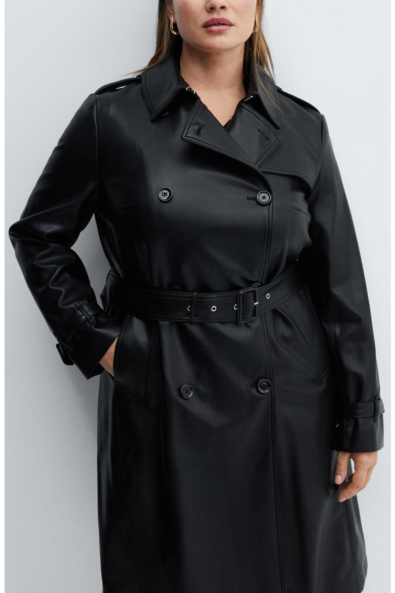 Double Breasted Water Repellent Faux Leather Trench Coat, Alternate, color, BLACK