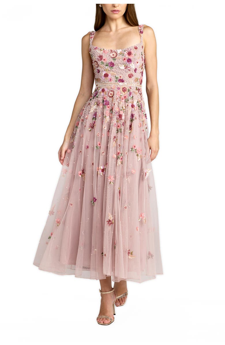 Mac Duggal Sleeveless Hand Beaded Scoop Neck Midi Dress, Main, color, Vintage Rose Multi