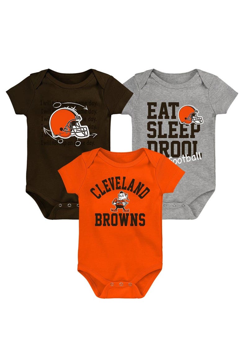 Newborn & Infant Brown/Orange/Heather Gray Cleveland Browns Three-Pack Eat, Sleep & Drool Retro Bodysuit Set, Main, color, Brown