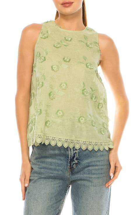 Embroidered Lace Trim Sleeveless Top