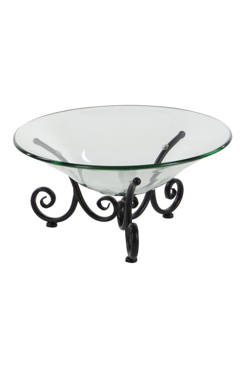 Clear Tempered Glass Kitchen Serving Bowl with Black Metal Scroll Base, Alternate, color, CLEAR