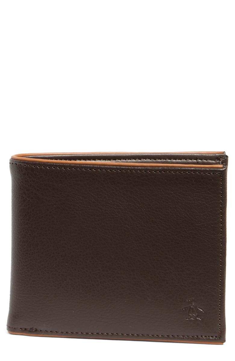 Original Penguin Leather Bifold Wallet, Main, color, Brown