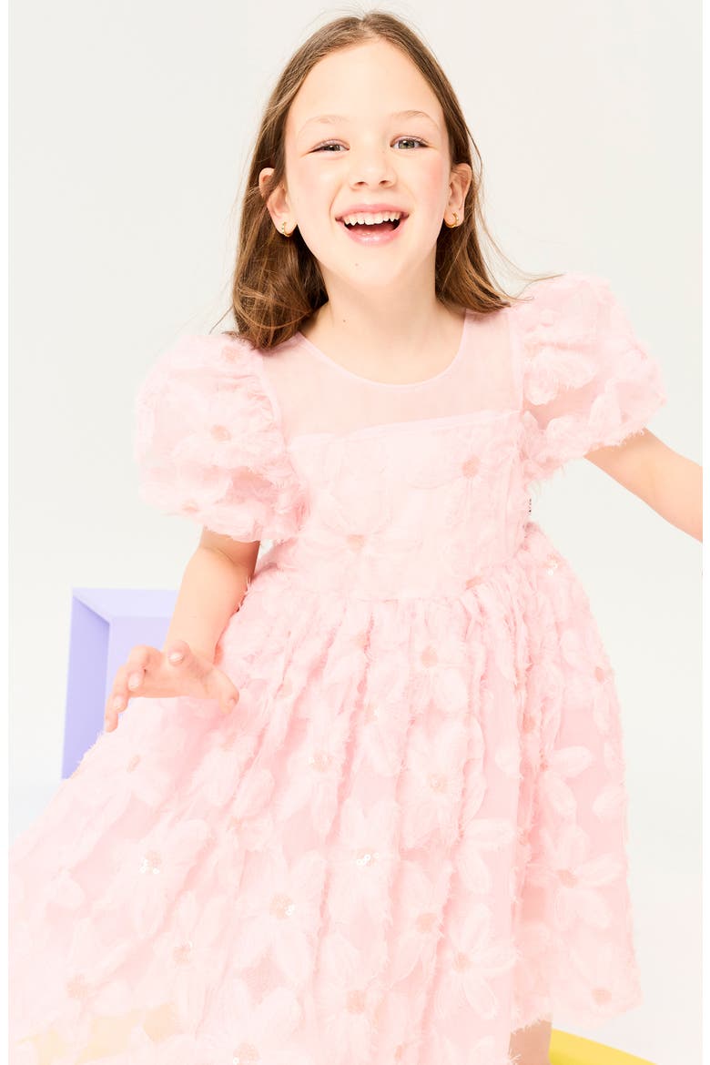 Kids' 3D Floral Puff Sleeve Tulle Party Dress, Alternate, color, SOFT PINK