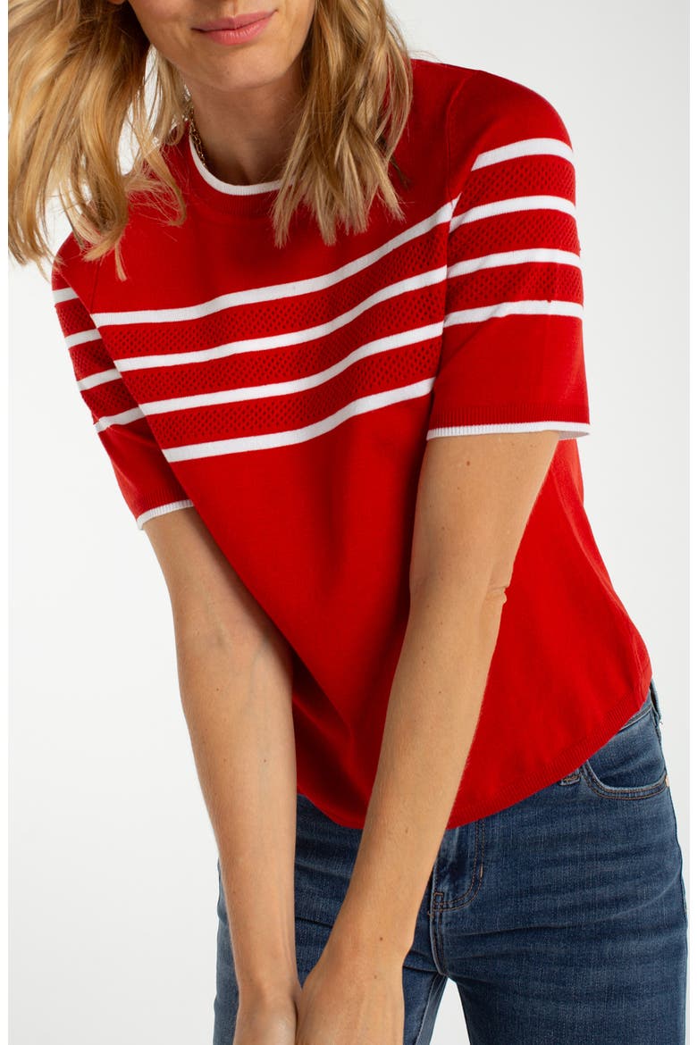 Stripe Short Sleeve Sweater, Alternate, color, FIRE BRICK/ WHITE STP