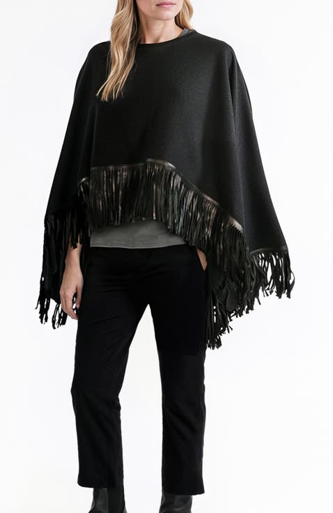 Cashmere cape with leather fringes