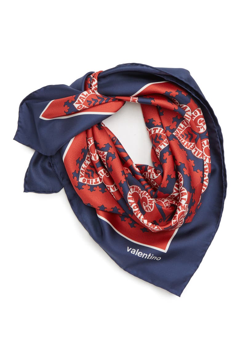 Valentino Mini Silk Bandana Scarf, Main, color, MATTONE/ PURE BLUE-AVORIO
