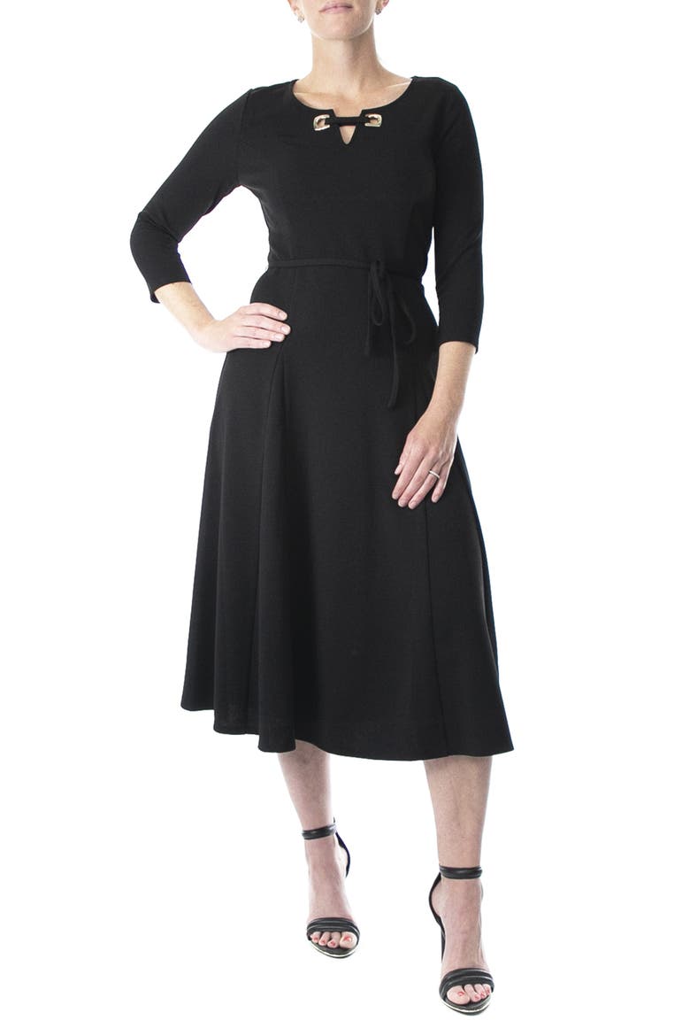 Grommet Split Neck A-Line Midi Dress, Main, color, BLACK