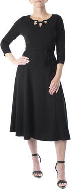 Nina Leonard Grommet Split Neck A-Line Midi Dress