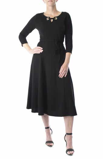 Nina Leonard Grommet Split Neck A-Line Midi Dress