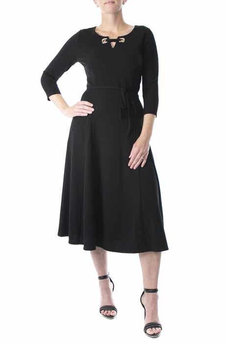 Nina Leonard Grommet Split Neck A-Line Midi Dress