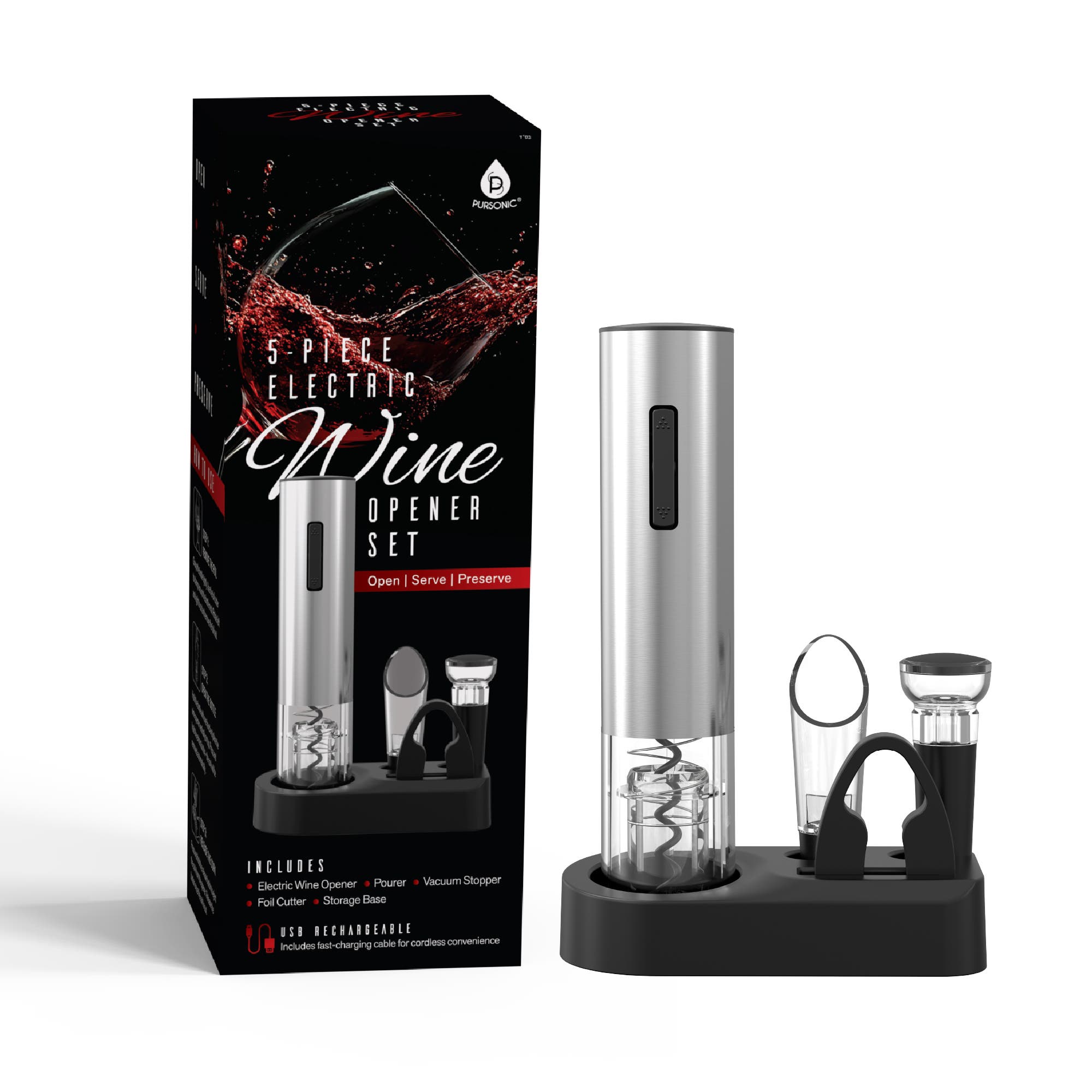 PURSONIC 5-Piece Electric Wine Opener Set - Multicolor