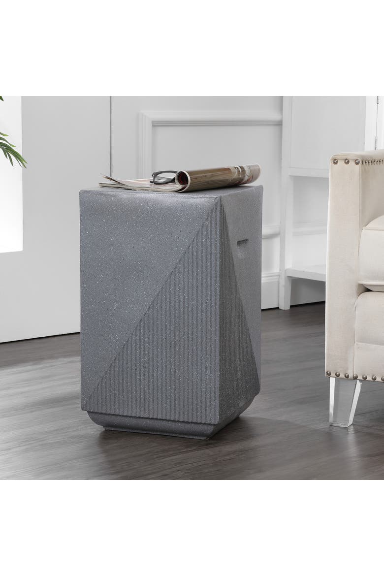 Adrian Modern Durable All-Weather Polyresin Outdoor Accent Side Table & Patio Stool, Geometric Fluted, Alternate, color, Gray Terrazzo