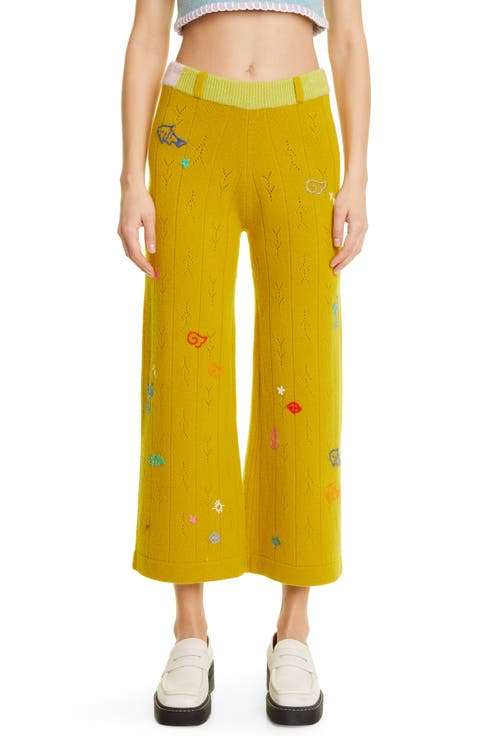 Curious Embroidered Pointelle Crop Wide Leg Lambswool Pants