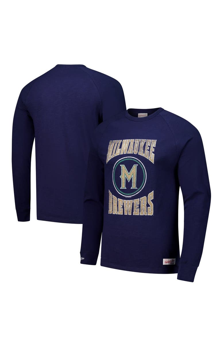 Mitchell & Ness Men's Mitchell & Ness Navy Milwaukee Brewers Arched Logo Slub Long Sleeve T-Shirt, Main, color, Navy