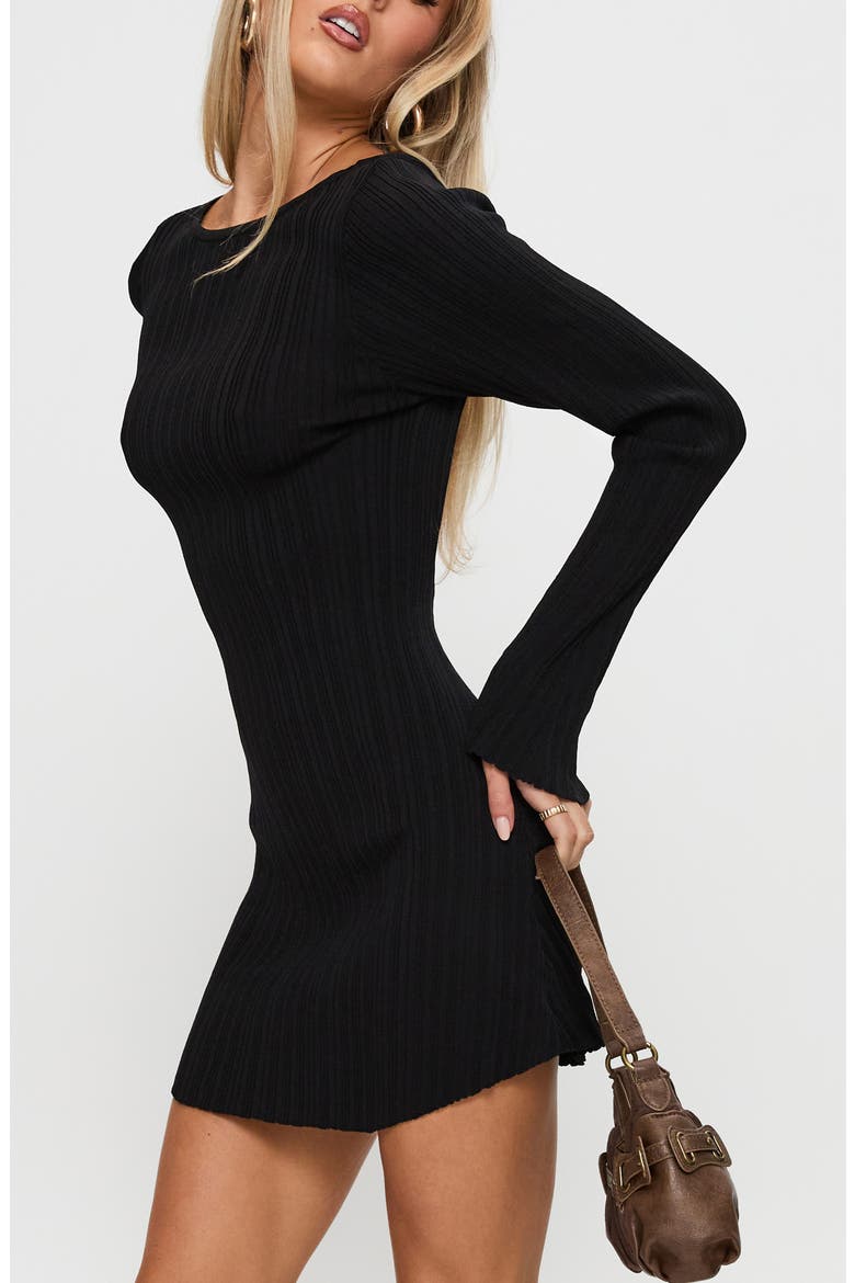 Mayok Open Back Long Sleeve Rib Minidress, Alternate, color, BLACK