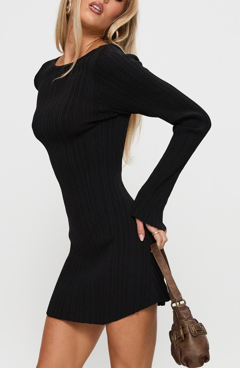 Princess Polly Mayok Open Back Long Sleeve Rib Minidress, Alternate, color, Black