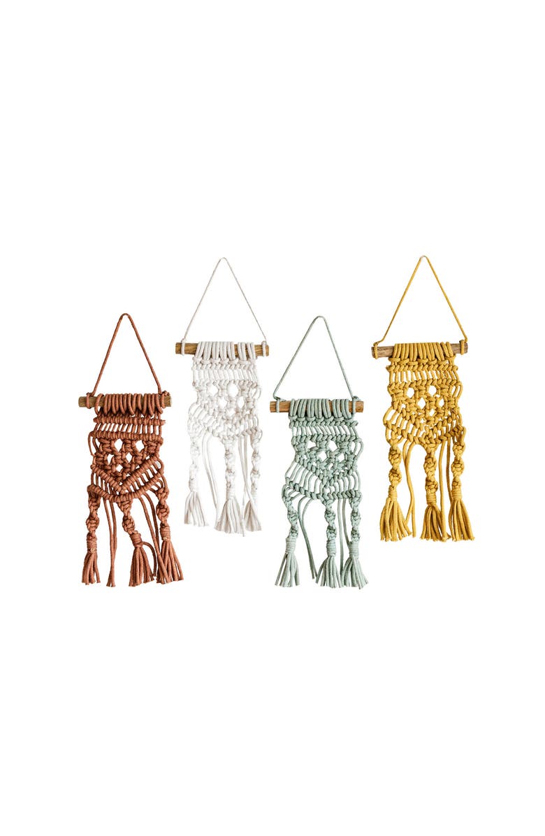 Foreside Home and Garden Set of 4 Macrame Mini Wall Hangings Cotton & Wood, Alternate, color, Yellow
