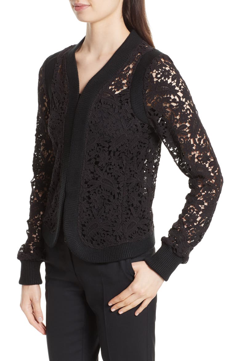 Lace Zip Cardigan, Alternate, color, BLACK