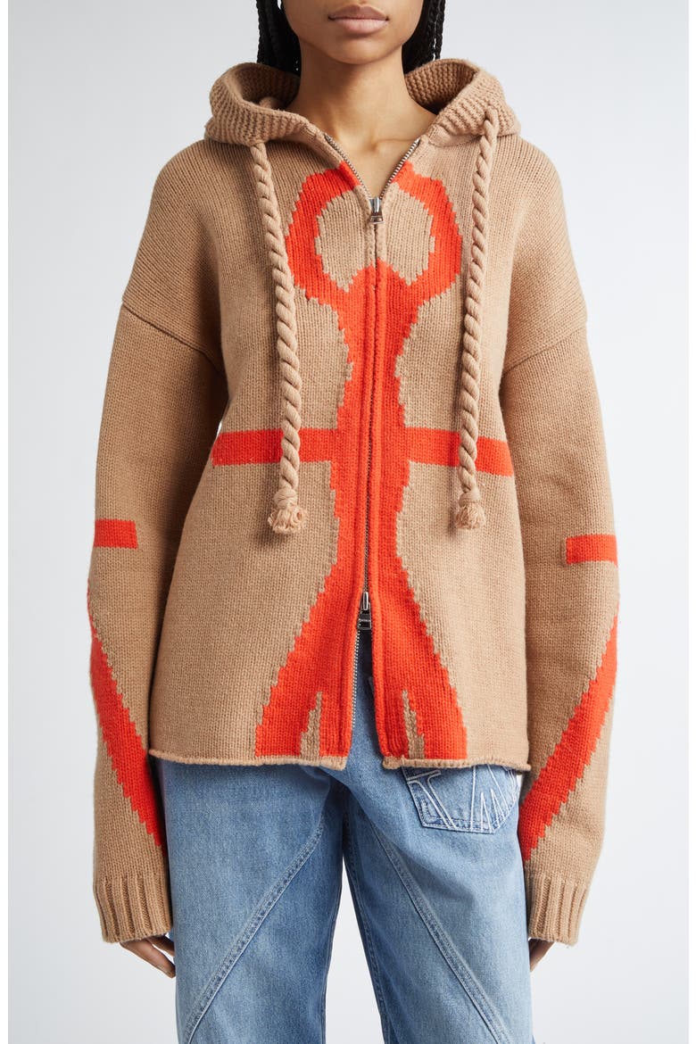 Anchor Intarsia Hooded Wool Zip Sweater, Main, color, BEIGE
