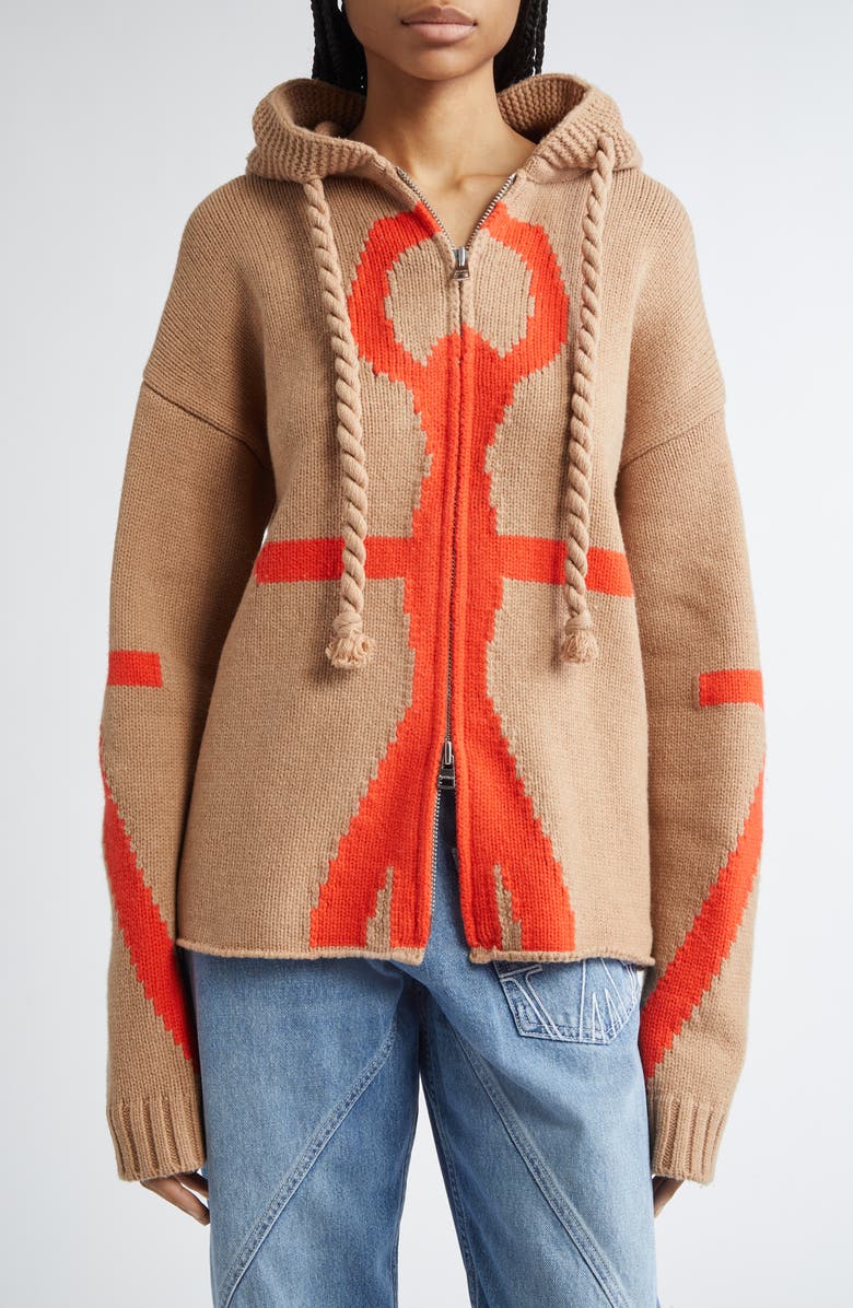JW Anderson Anchor Intarsia Hooded Wool Zip Sweater, Main, color, 