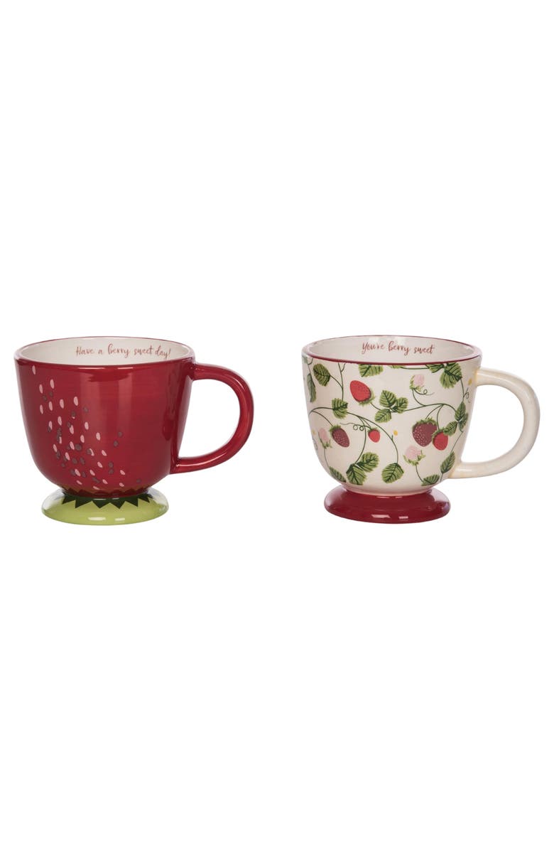 Transpac Dolomite Strawberry Mugs Set of 2 Colorful Ceramic Drinkware Perfect for Spring Indoor Decor and Gifts, Main, color, Multicolored