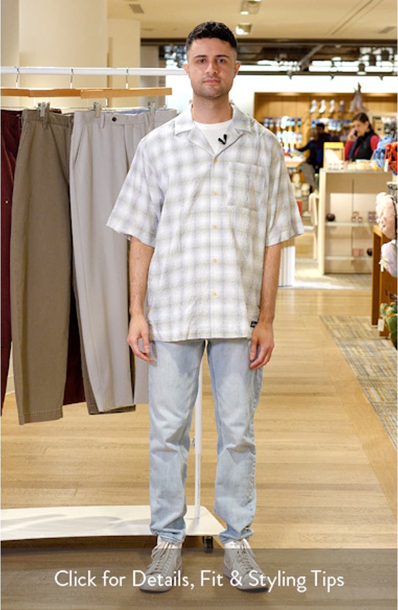 Relaxed Fit Crinkle Plaid Stretch Cotton Camp Shirt, sales video thumbnail