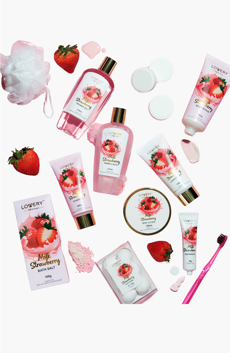 Lovery Strawberry Milk Scented Bath Set in a Leather Tote Bag, Alternate, color, Strawberry Milk