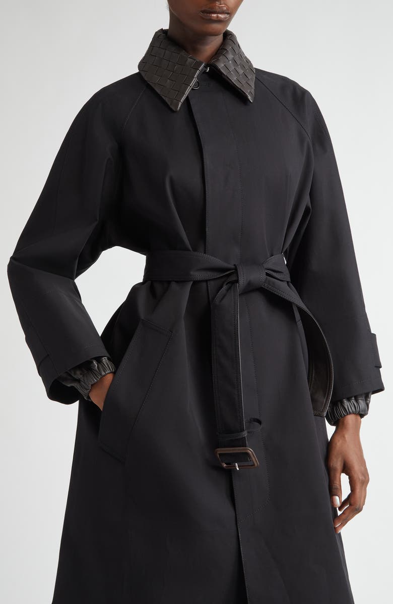 Bottega Veneta Intrecciato Leather Collar Water Repellent Trench Coat, Alternate, color, 