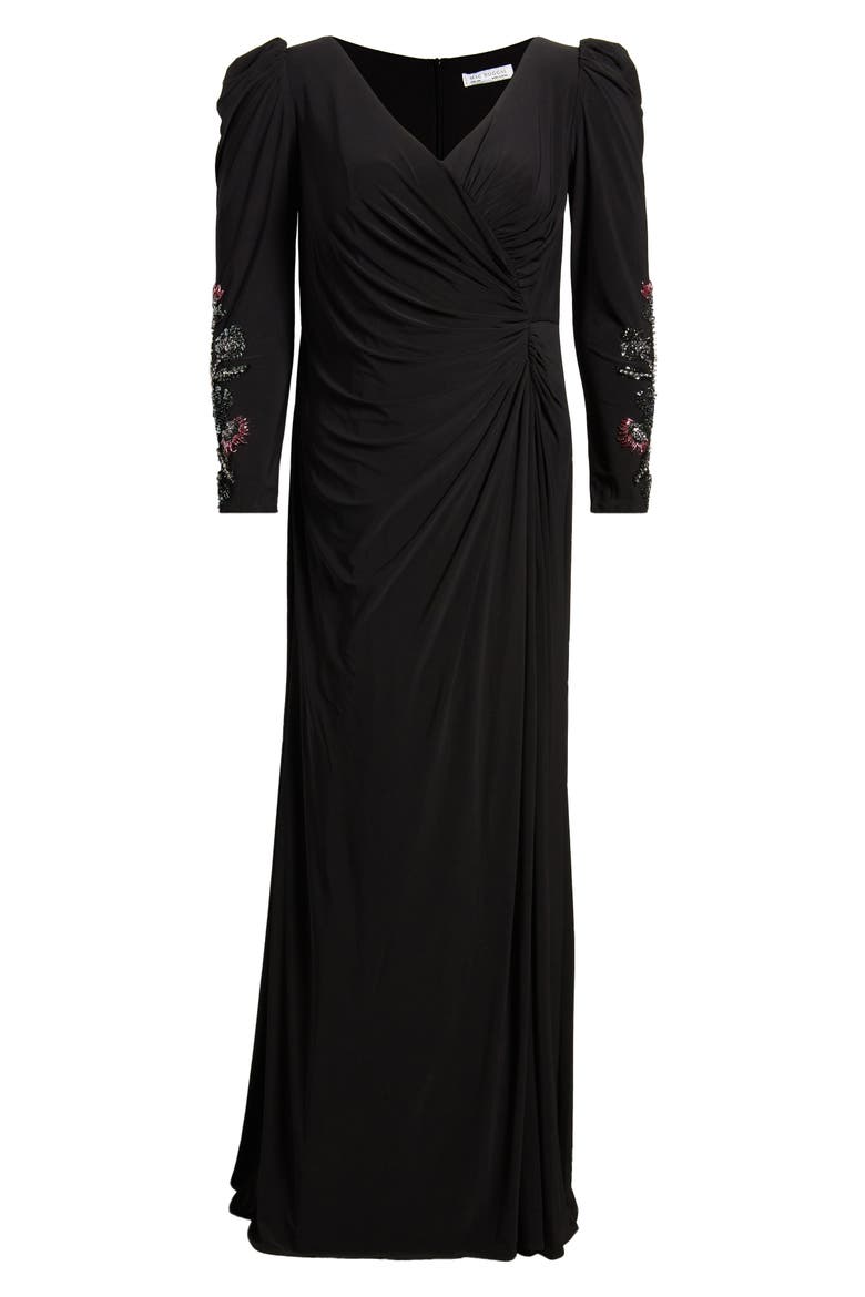 Embellished Long Sleeve Faux Wrap Gown, Alternate, color, BLACK