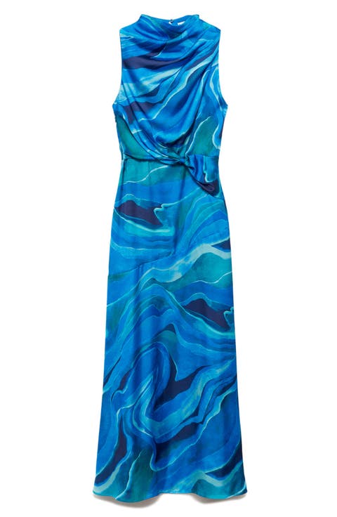Abstract Print Sleeveless Satin Maxi Dress