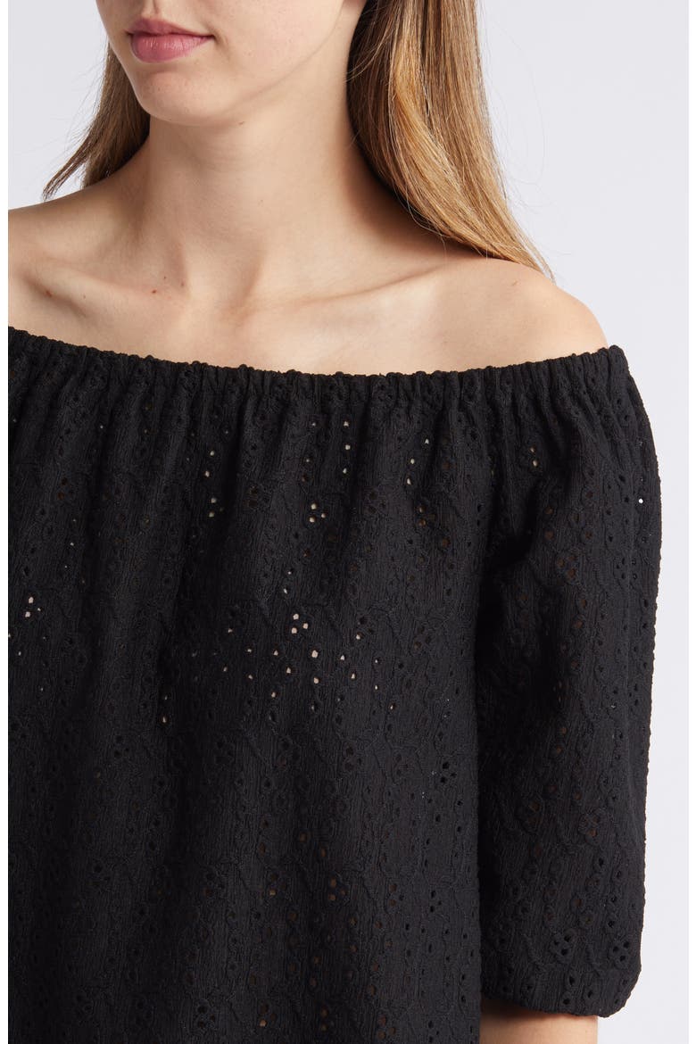 Off the Shoulder Eyelet Top, Alternate, color, BLACK
