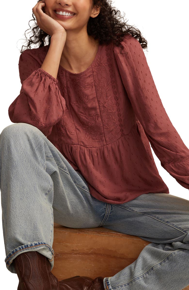Lucky Brand Embroidered Clip Dot Peplum Top, Alternate, color, Rose Brown