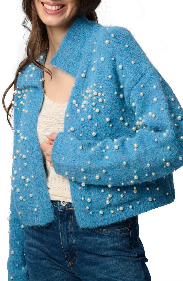 SAACHI Faux Pearl Bead Open Front Cardigan, Alternate, color, Blue