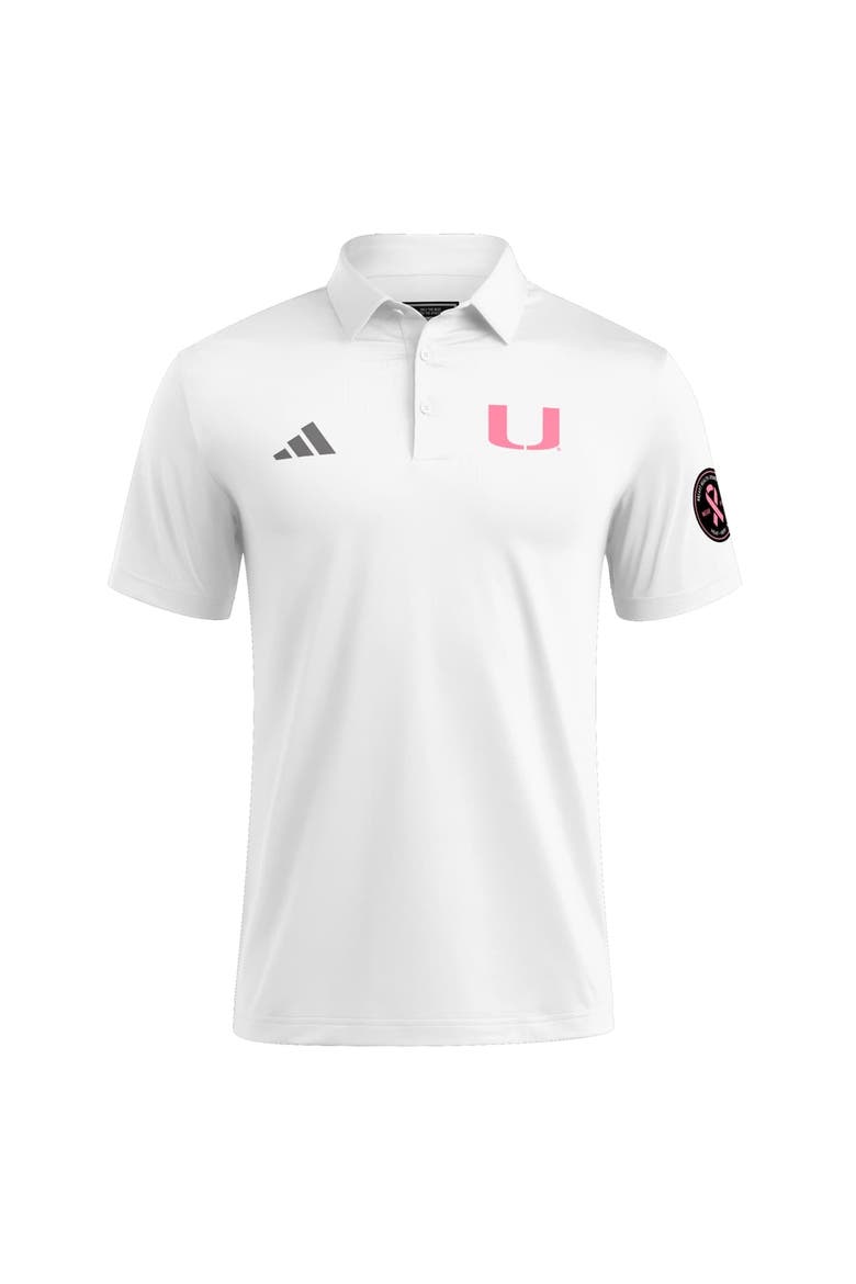 Men's adidas White Miami Hurricanes Wear Pink Breast Cancer Awareness Polo, Alternate, color, White