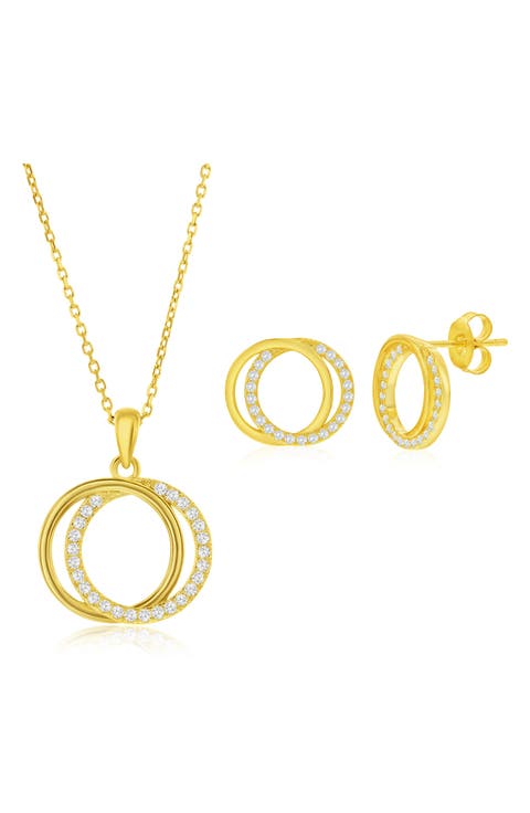 Cubic Zirconia Interlocking Circle Stud Earrings & Pendant Necklace Set