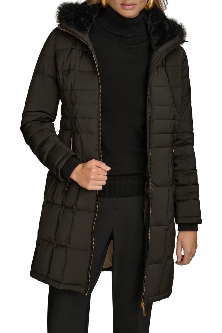 Water Resistant Puffer Coat with Faux Fur Trim, Alternate, color, BLACK