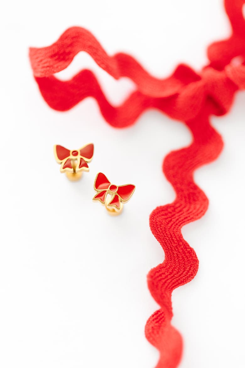 Girls' Red Enamel Bow Flatback Stud Hypoallergenic Earrings, Alternate, color, Red