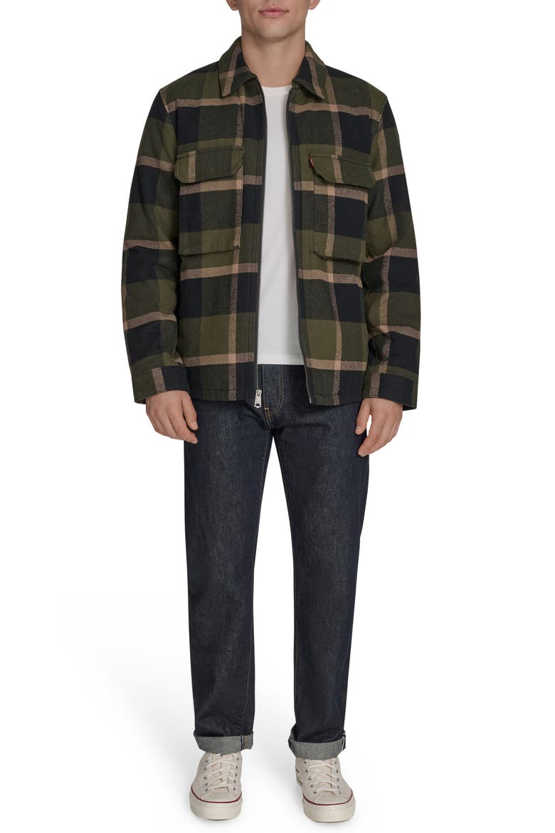 Insulated Plaid Cotton Flannel Zip-Up Shirt Jacket, Alternate, color, OLIVE/ BLACK