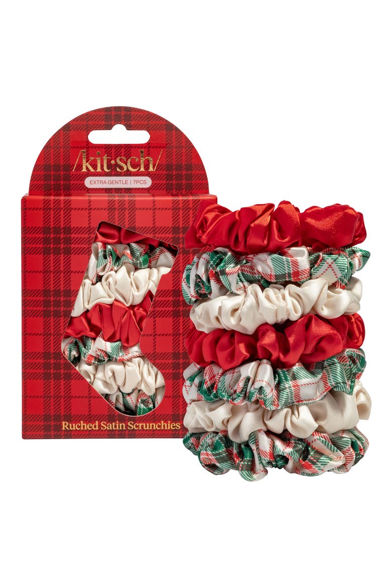 Holiday Ruched Satin Scrunchies, Main, color, HOLIDAY