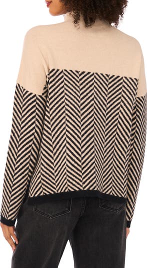 Herringbone Mock Neck Cotton Blend Sweater