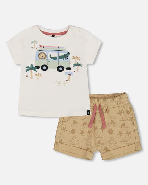 Deux Par Deux Organic Cotton Top & Short Set - Sage With Printed small Jungle