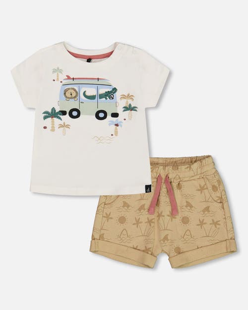DEUX PAR DEUX DEUX PAR DEUX LITTLE BOY'S SHORT SLEEVE TOP AND FRENCH TERRY SHORT SET BEIGE WITH PALM TREES AND BLU