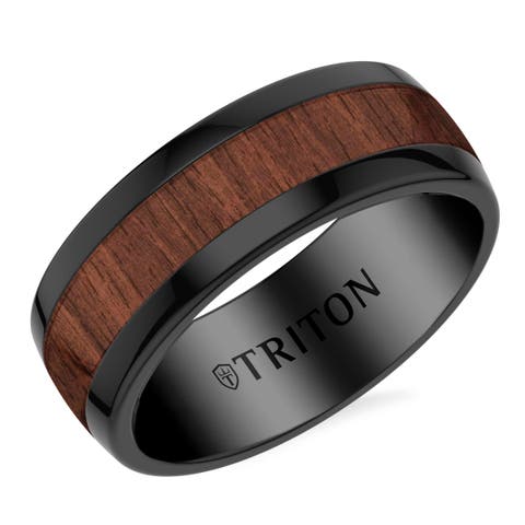 8MM Contemporary Black Tungsten Carbide Ring with Walnut Woode Inlay Center and Polished Dome Edge Profile