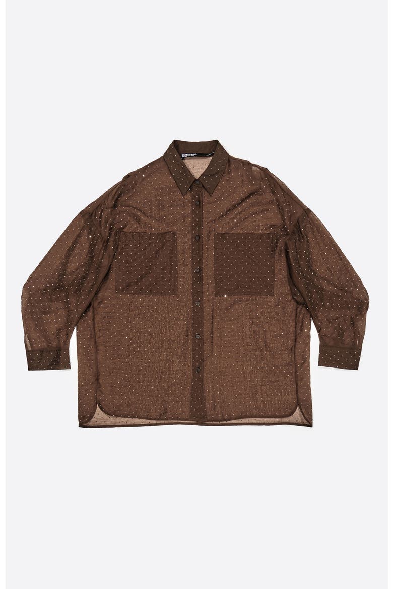 Oversize Shirt With Mini Rhinestones, Alternate, color, DARK BROWN