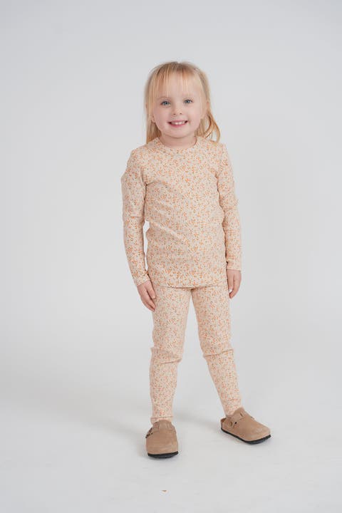 Youth Floral Print Two-Piece Set - Cotton Rib Long Sleeve Top and Pants