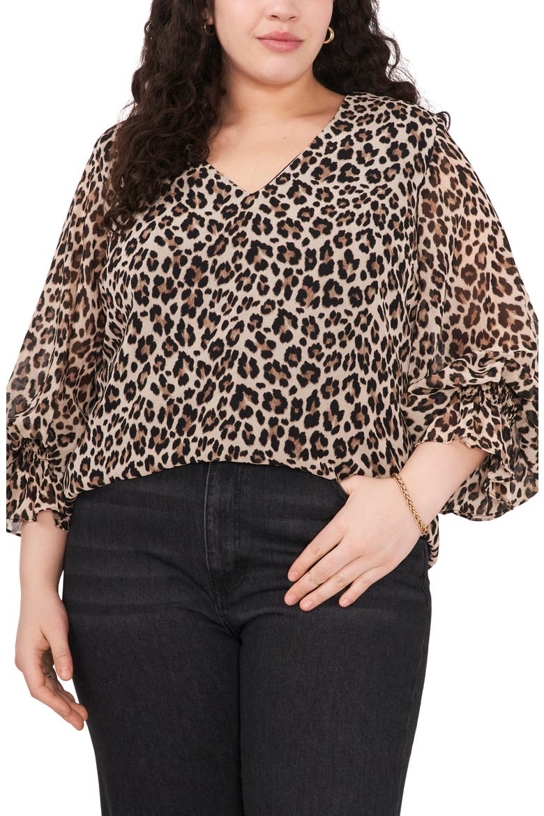 Leopard Print Balloon Sleeve Blouse, Main, color, RICH BLACK