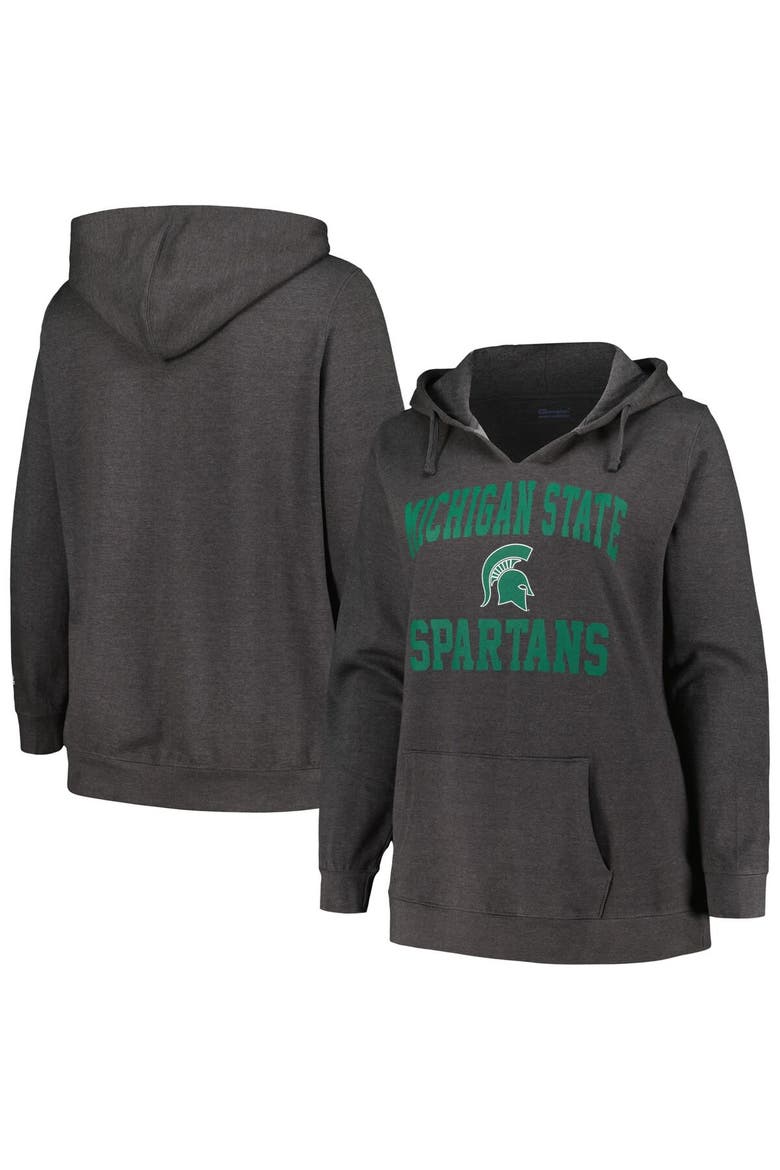 Women's Champion Heather Charcoal Michigan State Spartans Plus Size Heart & Soul Notch Neck Pullover, Alternate, color, Heather Charcoal